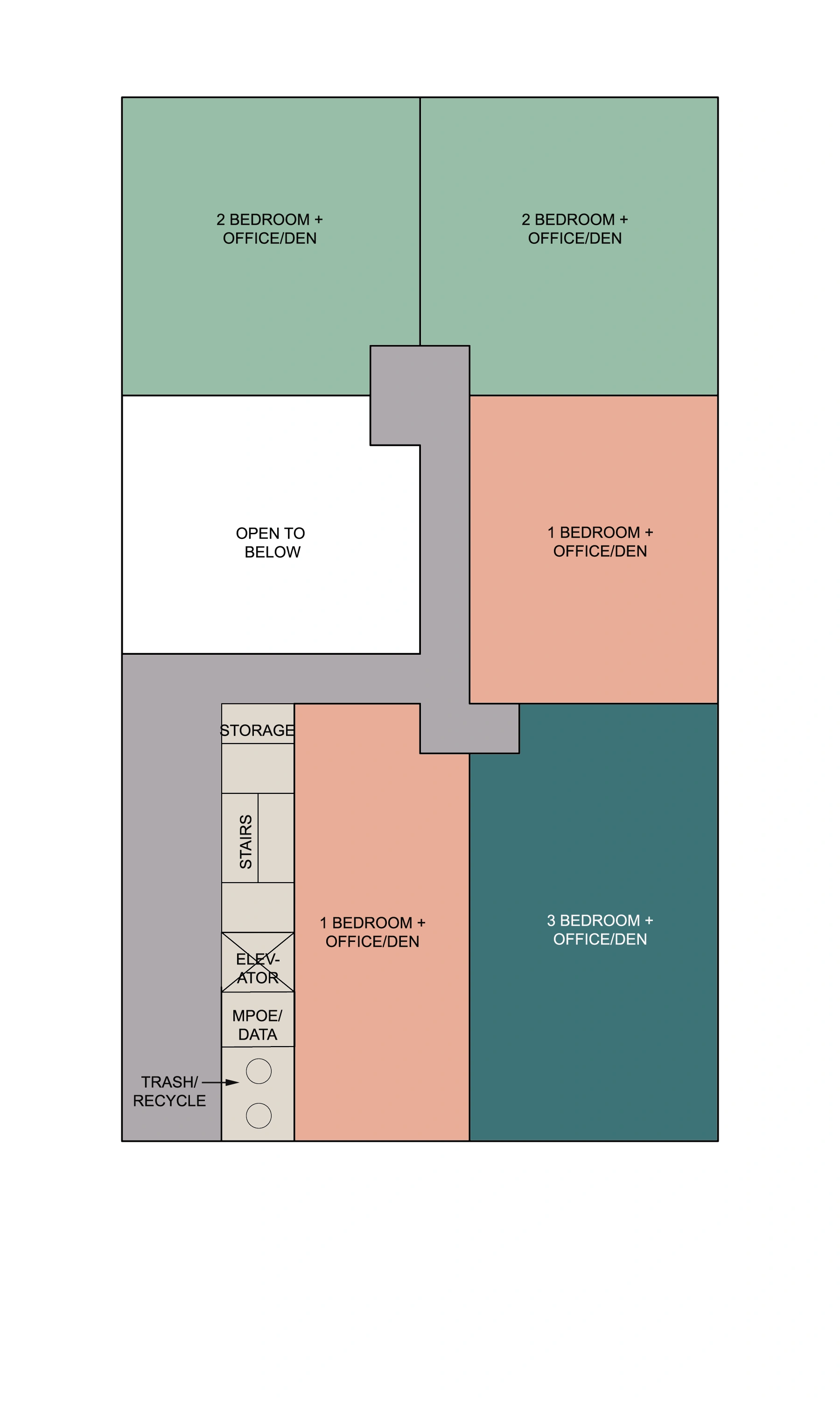 Vibe third level floor plan with 2-bedroom units, 1-bedroom unit, and open-to-below area