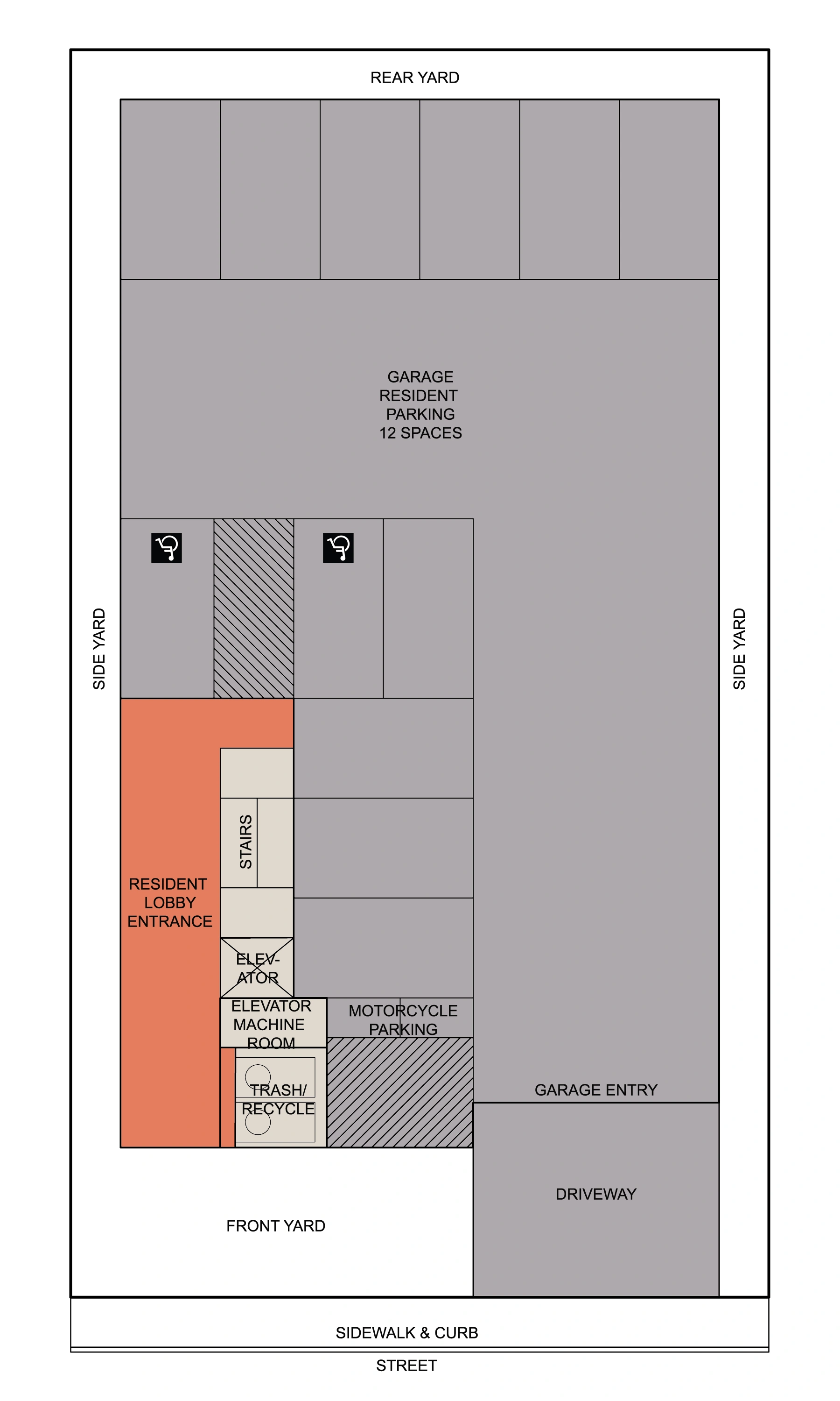 Vibe ground floor plan with 12-space garage parking, resident lobby entrance, and driveway