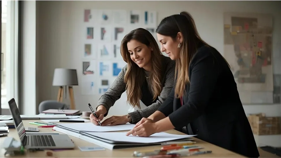 Two architects collaborating over development plans at ArchiDev Studio