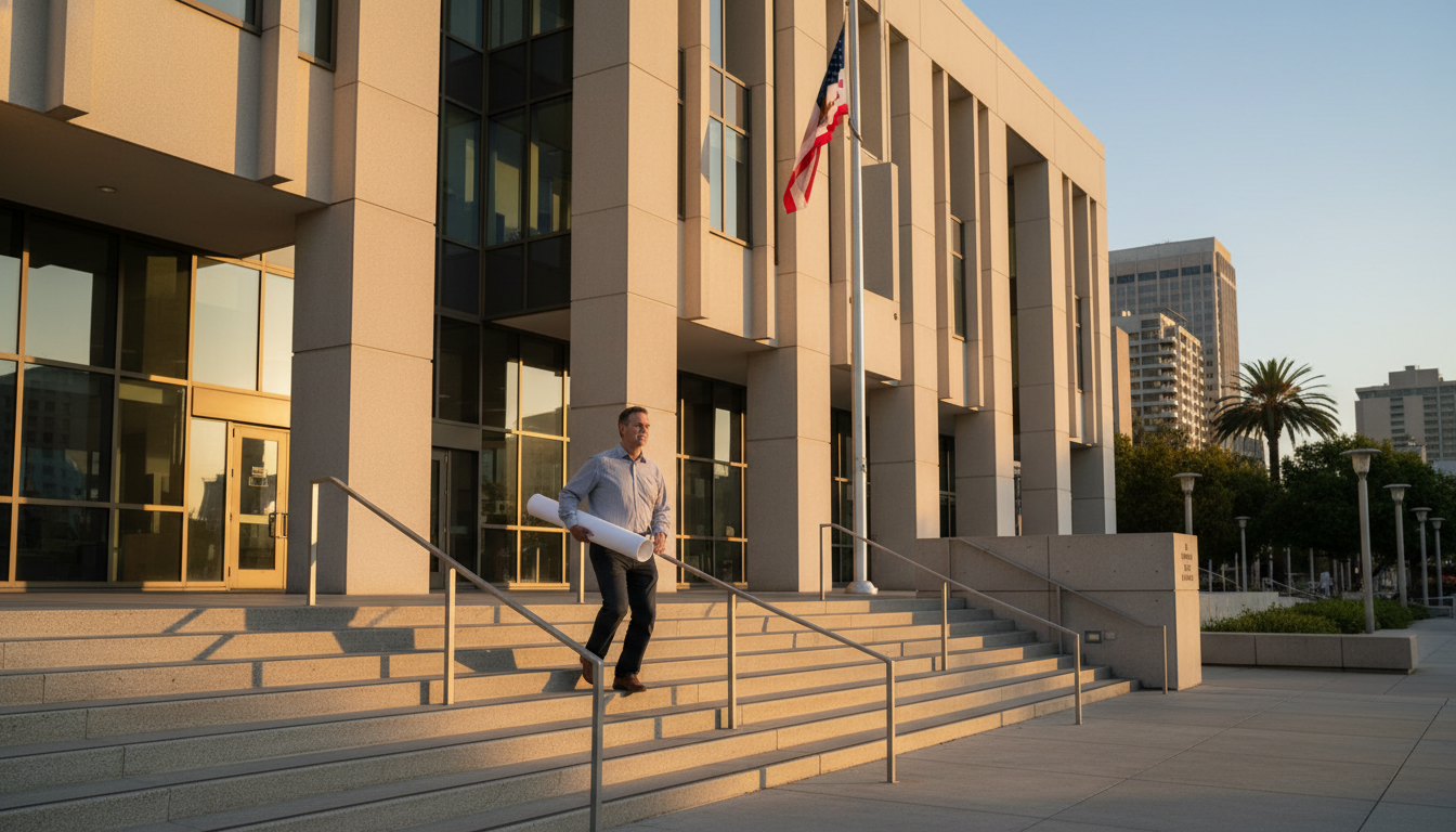 Aerial view of a large construction site surrounded by residential buildings at sunset with city lights in the background.