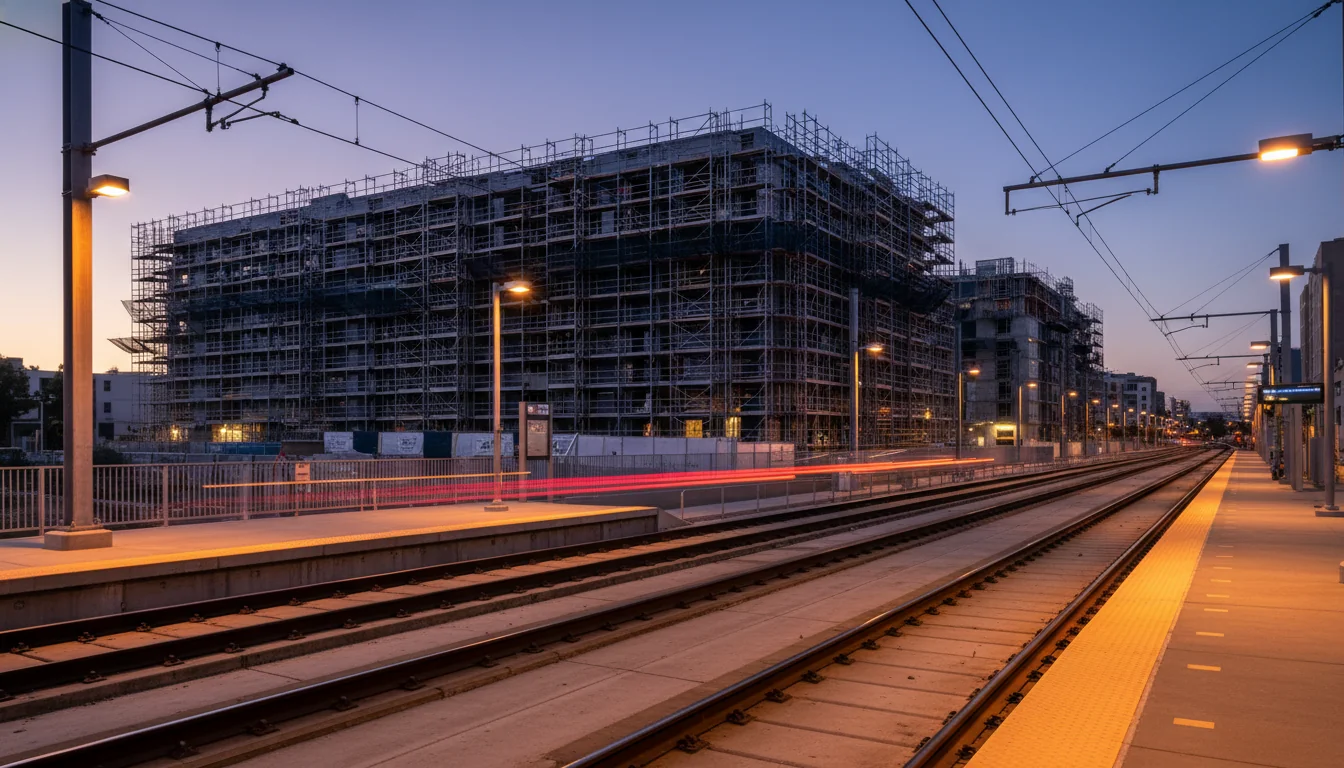 San Diego trolley station platform at dusk with scaffolded multifamily housing development in the background, representing the SB 79 ministerial entitlement pathway for transit-adjacent housing