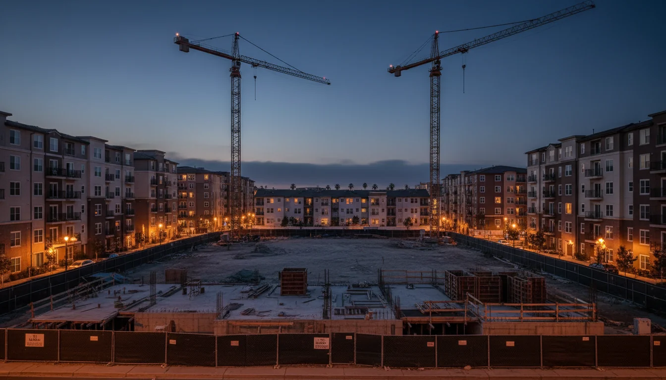 Idle construction cranes over an empty foundation surrounded by completed multifamily housing in San Diego at dusk, illustrating the gap between zoning capacity and actual project feasibility