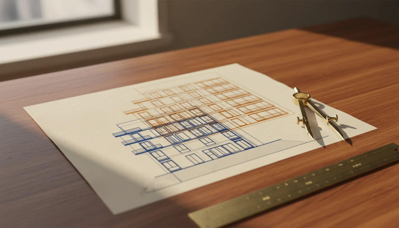 Two transparent architectural elevation drawings layered as a double exposure on a drafting desk, the lower in blue and the upper in amber, illustrating how State Density Bonus Law and Complete Communities Housing Solutions stack to compound buildable yield in San Diego.