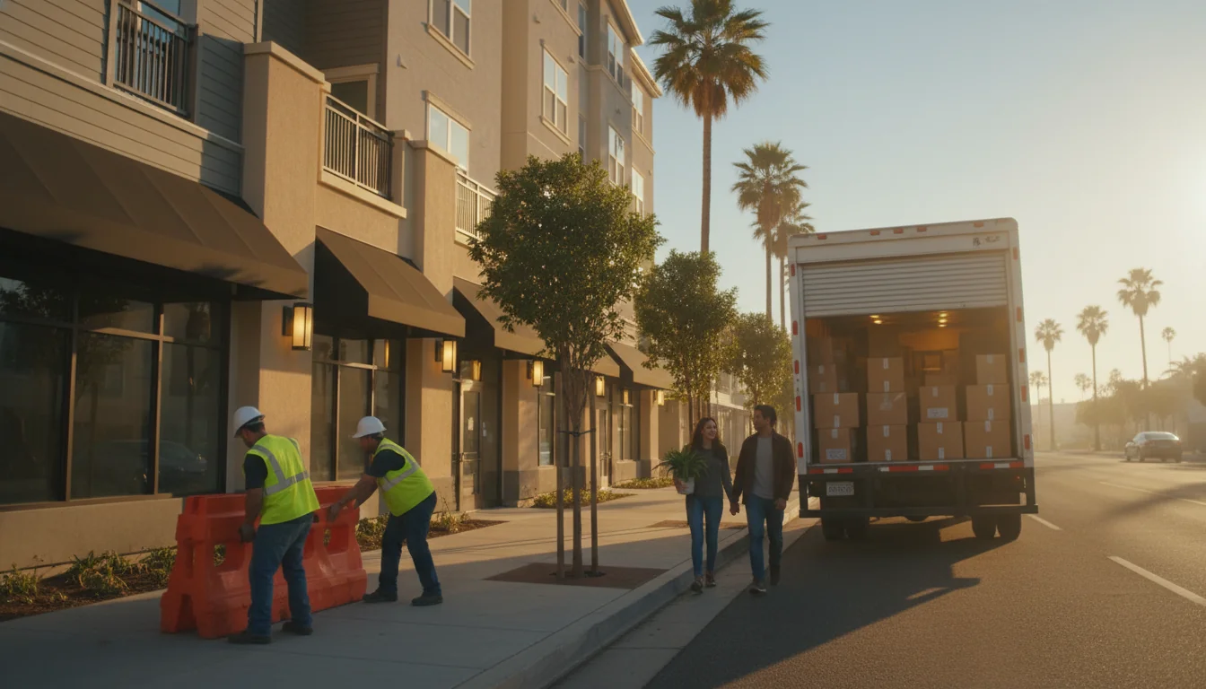 A newly completed five-story multifamily building on a San Diego boulevard at golden hour, with workers removing the last construction barriers and a couple moving boxes from a truck into the building, illustrating how SB 423's streamlined ministerial pathway delivers housing to residents faster than discretionary review.