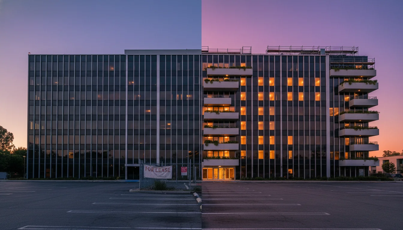 Split-frame view of an aging San Diego office building, the left side showing a dated empty Class B property with a for-lease banner and the right side showing the same building mid-conversion into multifamily housing with balconies and warm interior lights, illustrating AB 2011's by-right ministerial pathway from office to residential.