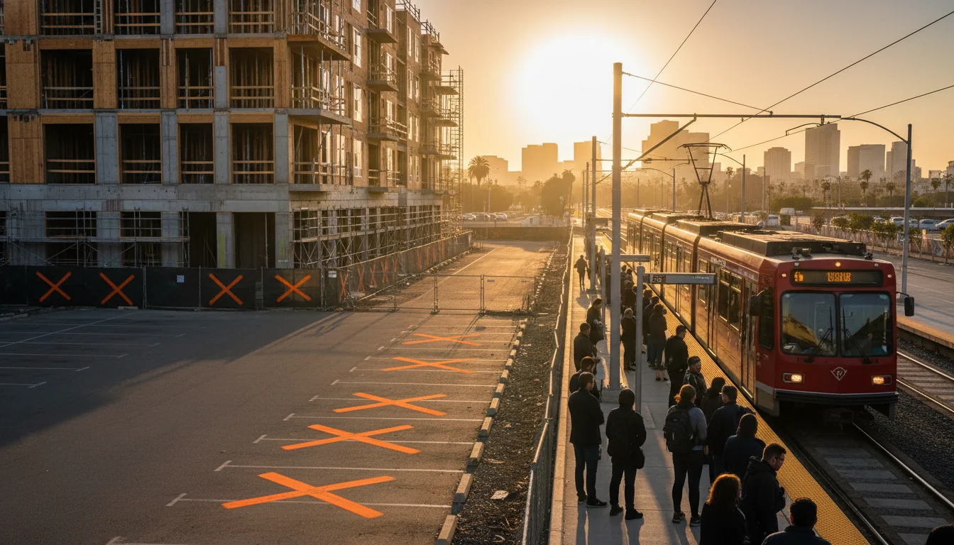 Modern multifamily apartment construction next to a San Diego MTS trolley platform at golden hour, with crossed-out parking spaces in the foreground, illustrating how AB 2097 eliminated minimum parking requirements for transit-adjacent housing.