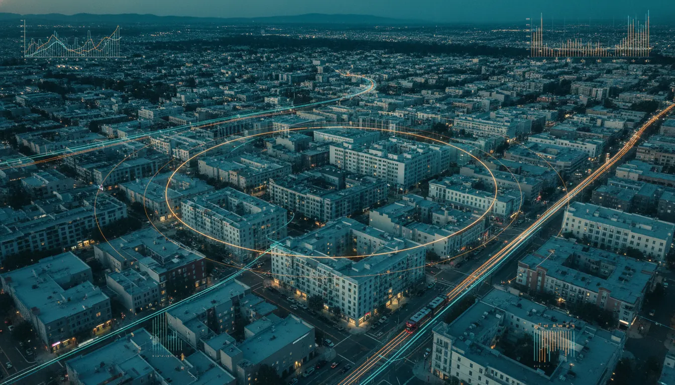 Aerial dusk view of a dense San Diego urban infill district overlaid with mobility-zone boundaries and glowing vehicle-trip data lines, illustrating the city's flexible VMT compliance buy-out fee under the 2026 LDC Update