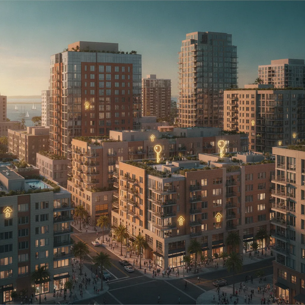 Aerial view of a construction site for an infill development next to residential buildings at dusk in an urban area.