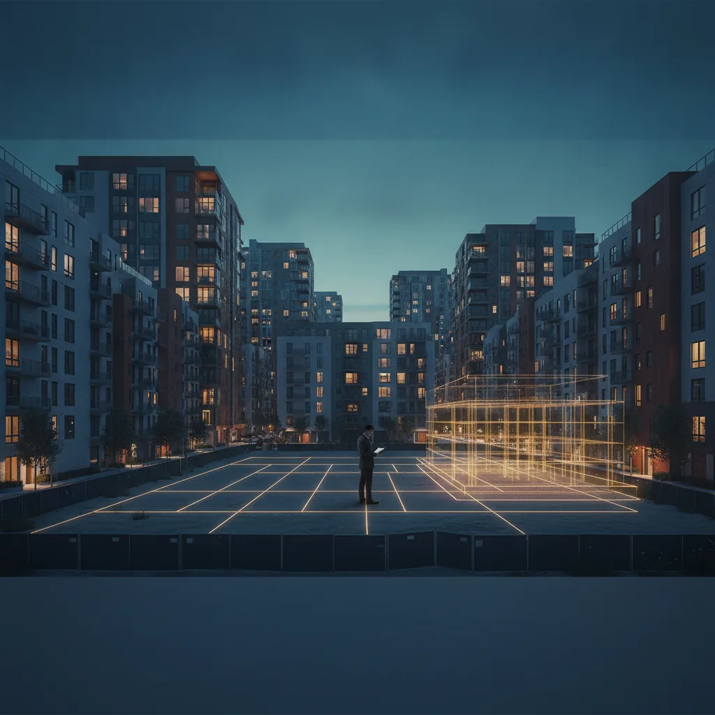 Dusk cityscape with modern apartment buildings, people walking, palm trees, and sailboats on water in background.