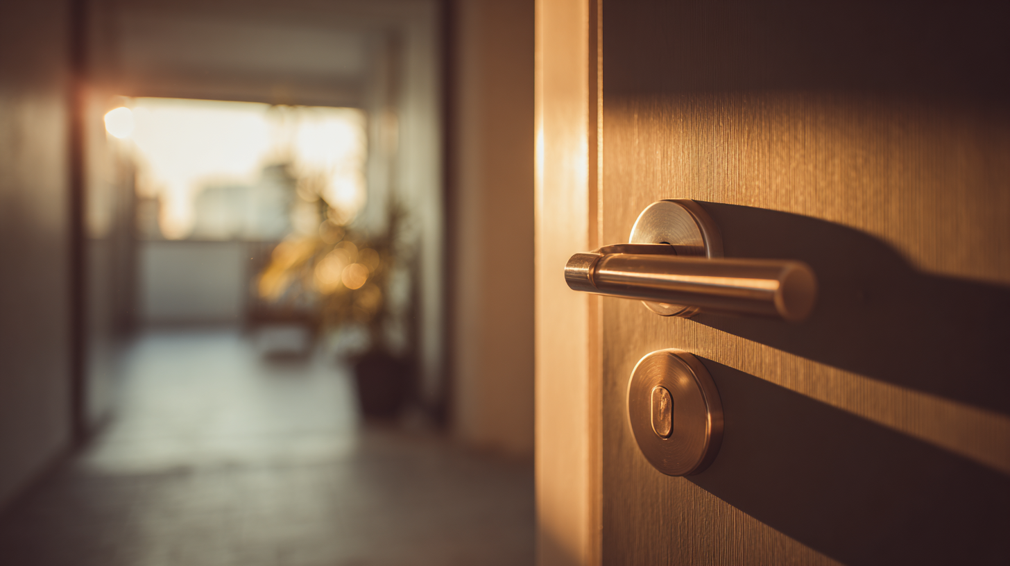 Close-up of a lever handle and deadbolt on a wooden apartment door, with a warmly lit hallway blurred behind