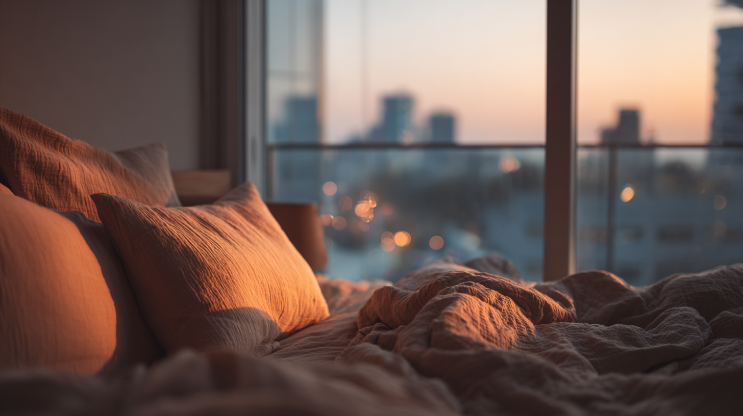 A bed with rumpled bedding and cushions beside a window looking out over a city skyline at dusk
