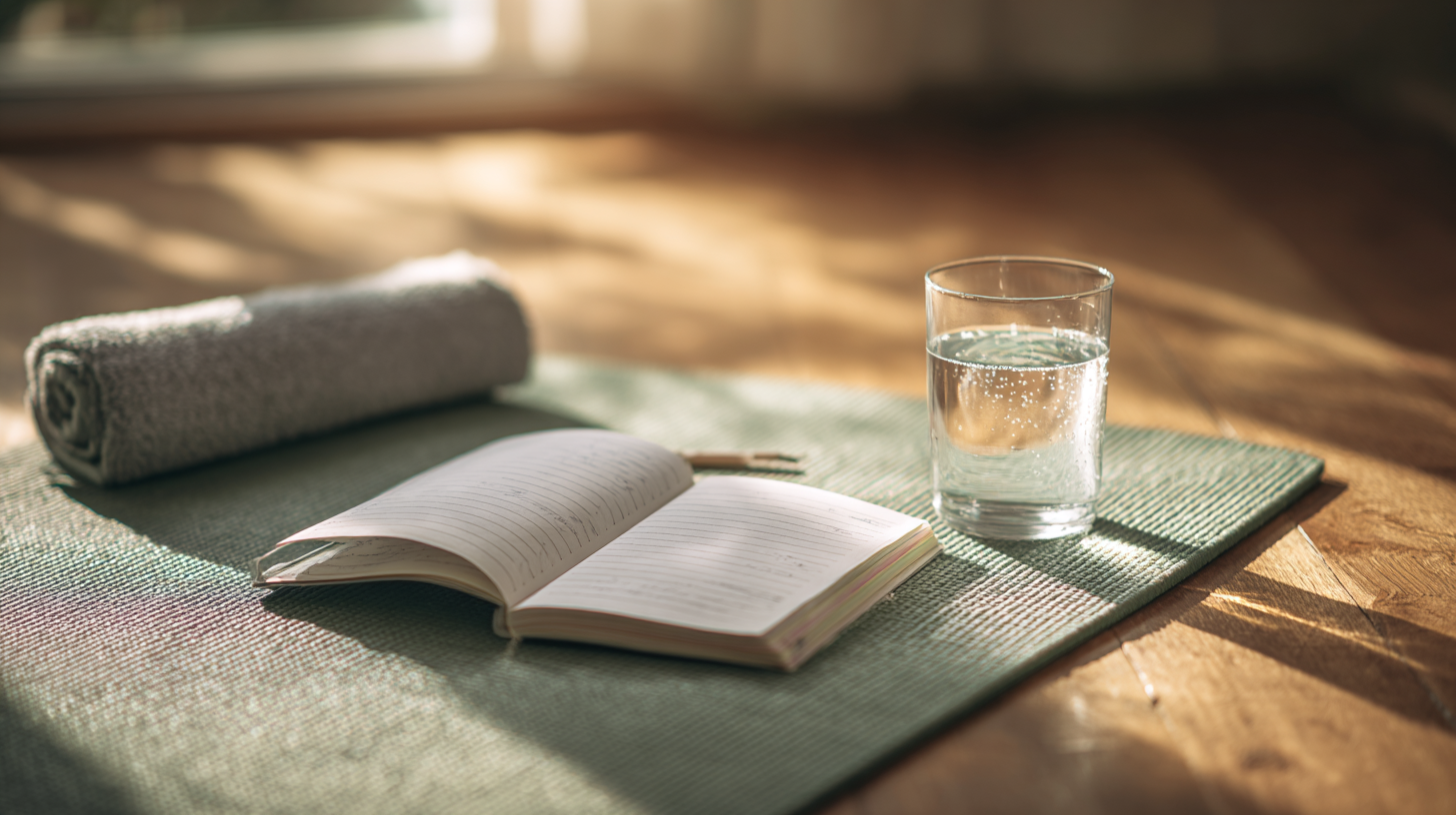 An open notebook, a rolled towel and a glass of water on a green yoga mat, lit by low sunlight across a wooden floor