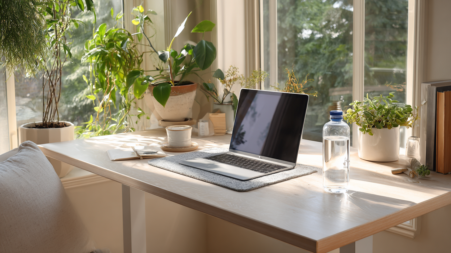 A laptop open on a pale wooden desk by a bright window, with a water bottle, a notebook and several houseplants around it