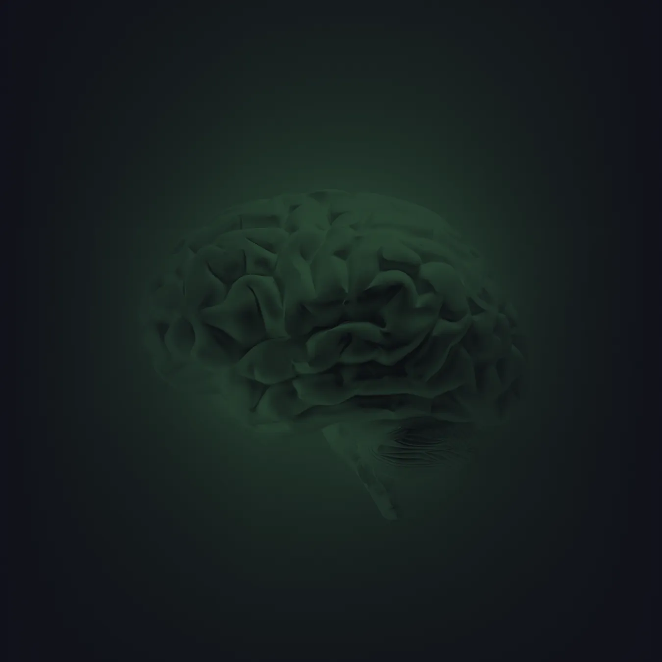Side view of a human brain glowing faintly in green against a dark background.