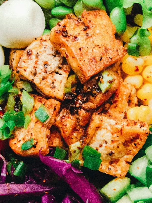 Close-up of seasoned grilled tofu cubes on a bed of chopped cucumbers, corn, edamame, purple cabbage, and green onions.