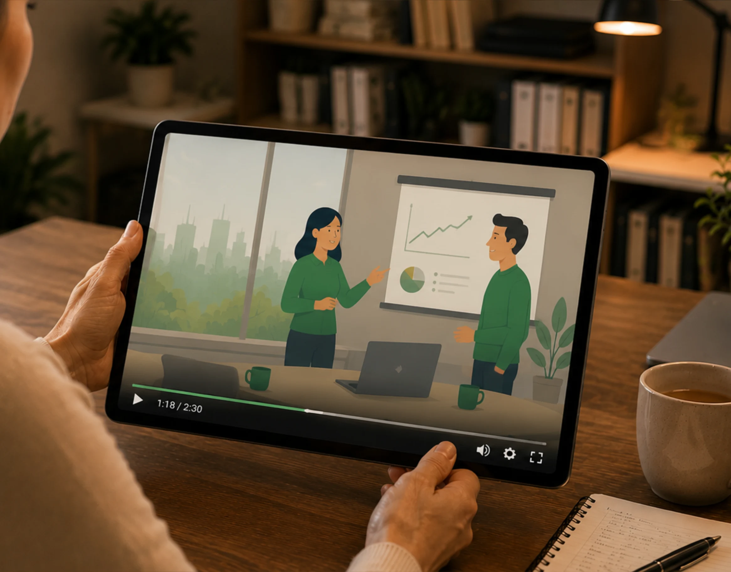 Een bedrijfsanimatie wordt afgespeeld op een tablet.