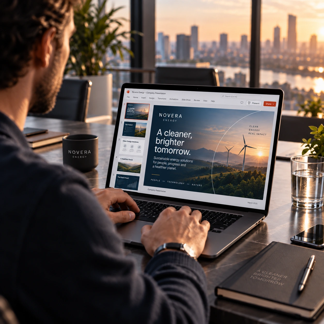 Man werkt aan een laptop met een bedrijfs-presentatie over Novera Energy, getiteld 'A cleaner, brighter tomorrow' met afbeeldingen van windturbines en informatie over duurzame energietechnologie; op de tafel staan een mok met Novera-logo, een glas water en een notitieboek.