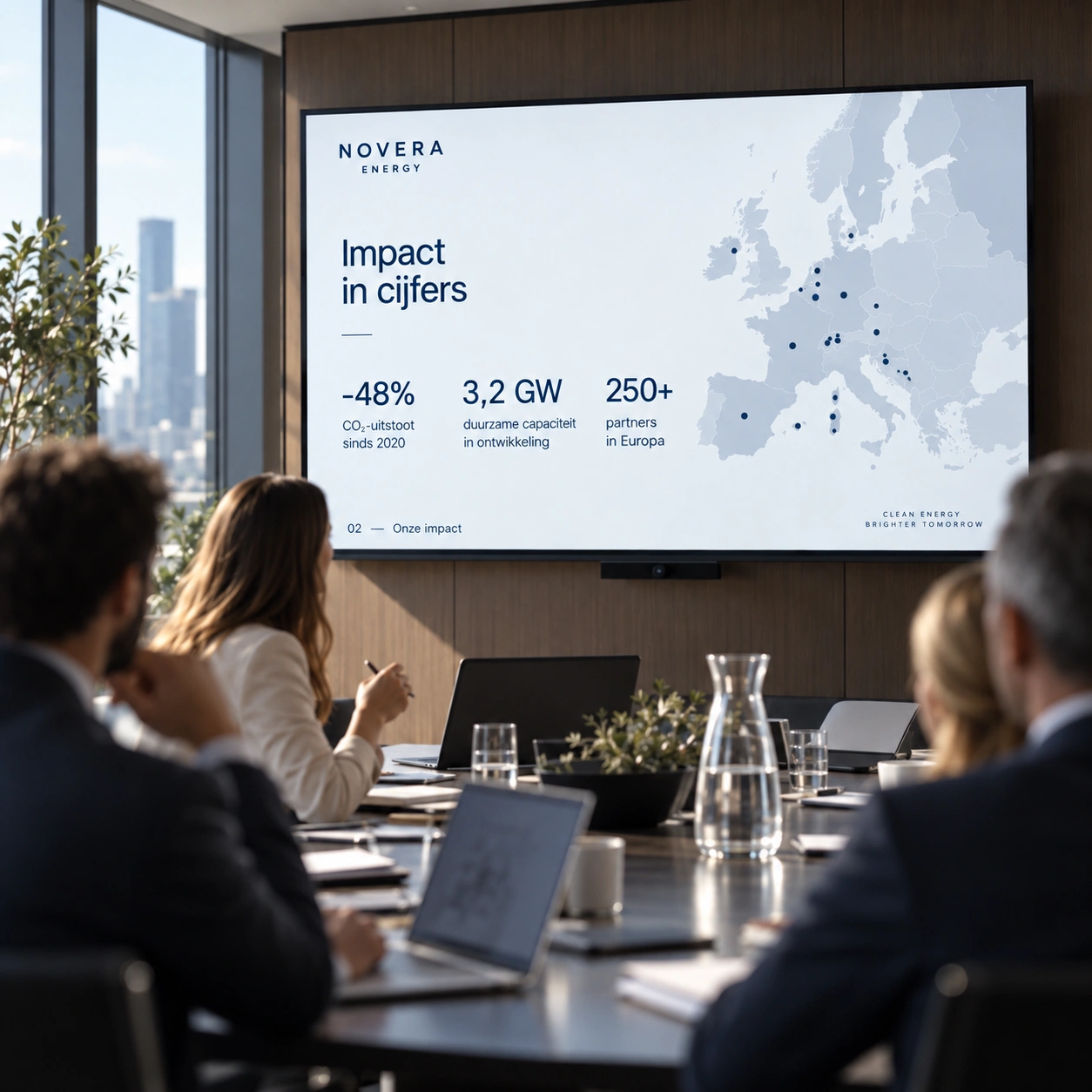 Man werkt op een laptop aan een presentatie met de titel 'A cleaner, brighter tomorrow' voor Novera Energy, met een afbeelding van windmolens op een groene heuvel bij zonsondergang, een mok met het Novera Energy-logo, een glas water, en een notitieboekje op een tafel met uitzicht op een stedelijke skyline in de avondzon.