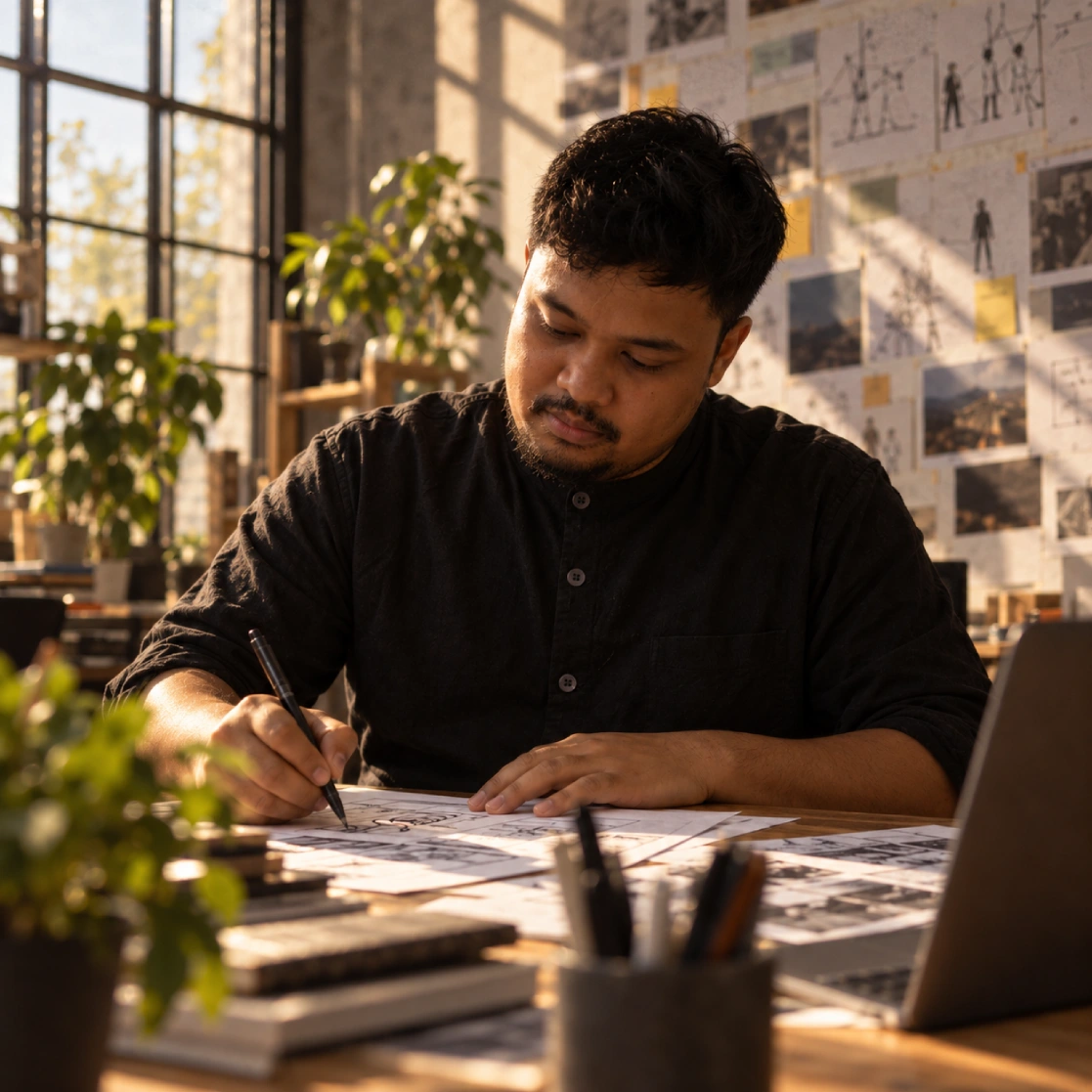 Man zit te schrijven of tekenen aan een bureau met tekeningen, boeken, pennen en een laptop, in een lichte kamer met grote ramen en planten.