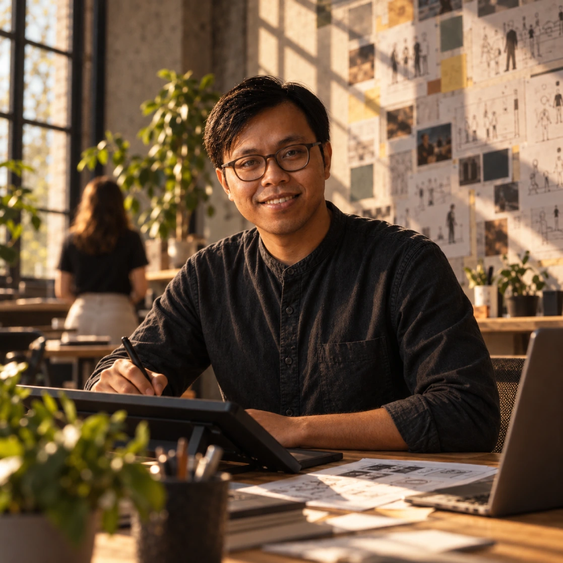 Een glimlachende man met bril zit aan een bureau in een zonnig kantoor en werkt met een digitale tekentablet, omringd door planten, papieren en een laptop.