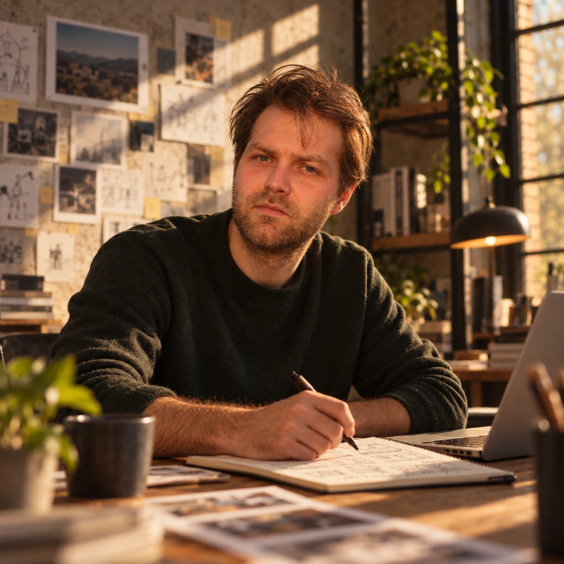 Man met een baard en bruin haar die aan een bureau zit te tekenen in een schetsboek, omringd door planten, boeken en foto's op de muur in een goed verlichte kamer met grote ramen.
