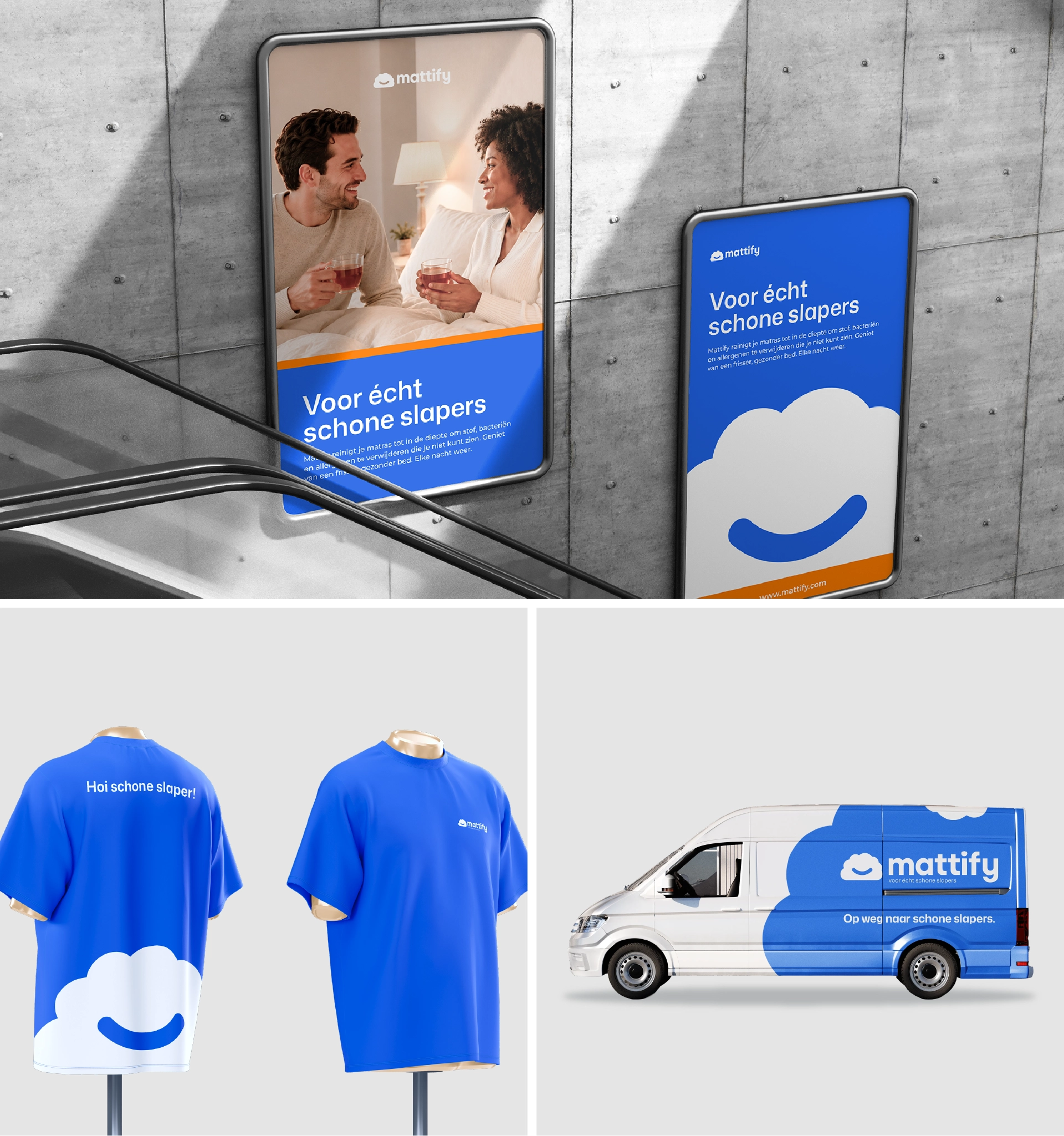 De Mattify-huisstijl toegepast op posters, kleding en een bedrijfsbus.