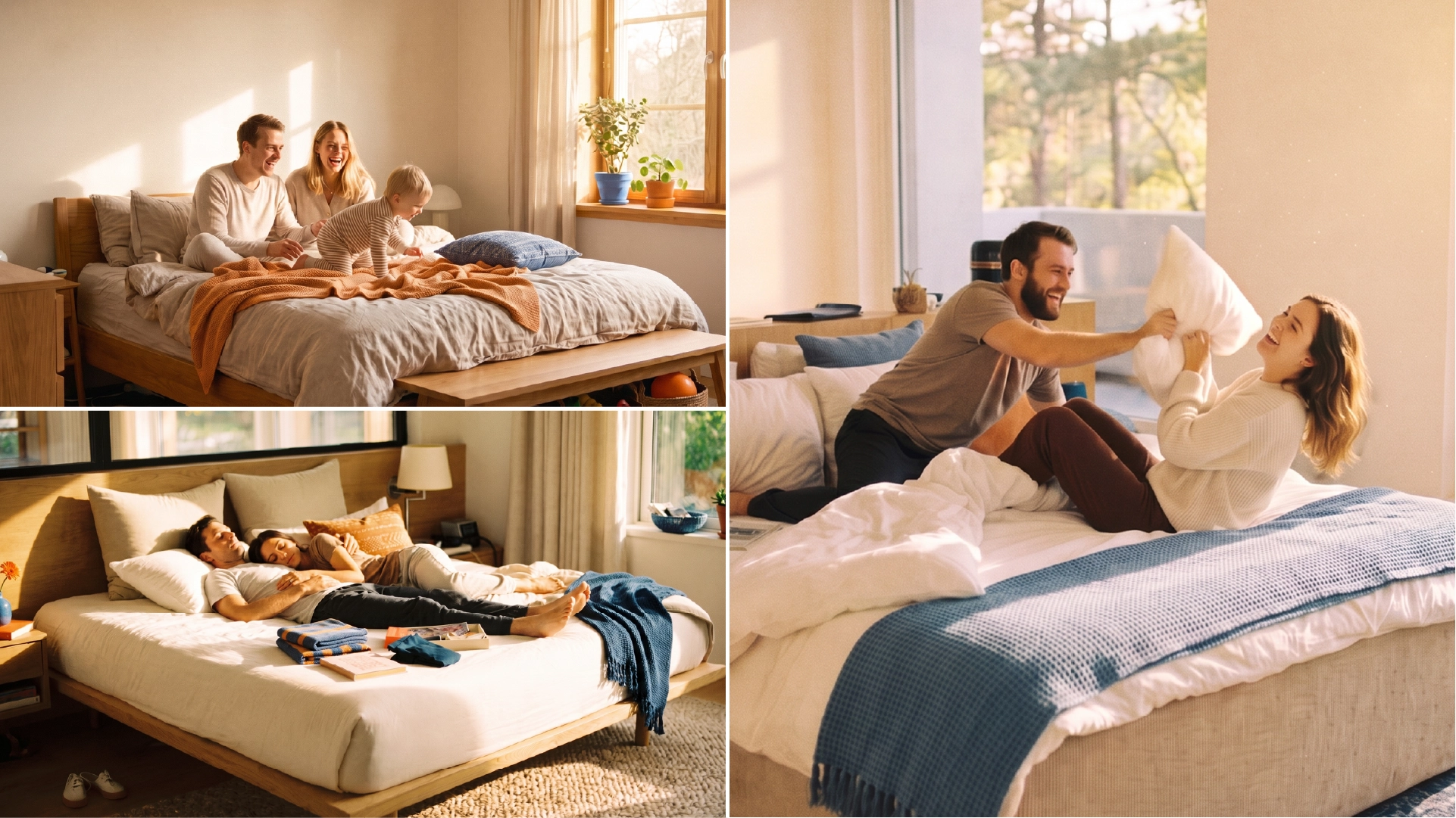 Een collage van Mattify-merkfotografie rond een fris en schoon bed.