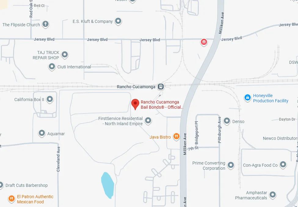 Map showing Rancho Cucamonga area with landmarks including Rancho Cucamonga Bail Bonds, Java Bistro, Honeyville Production Facility, and nearby streets like Milliken Avenue and Jersey Blvd.