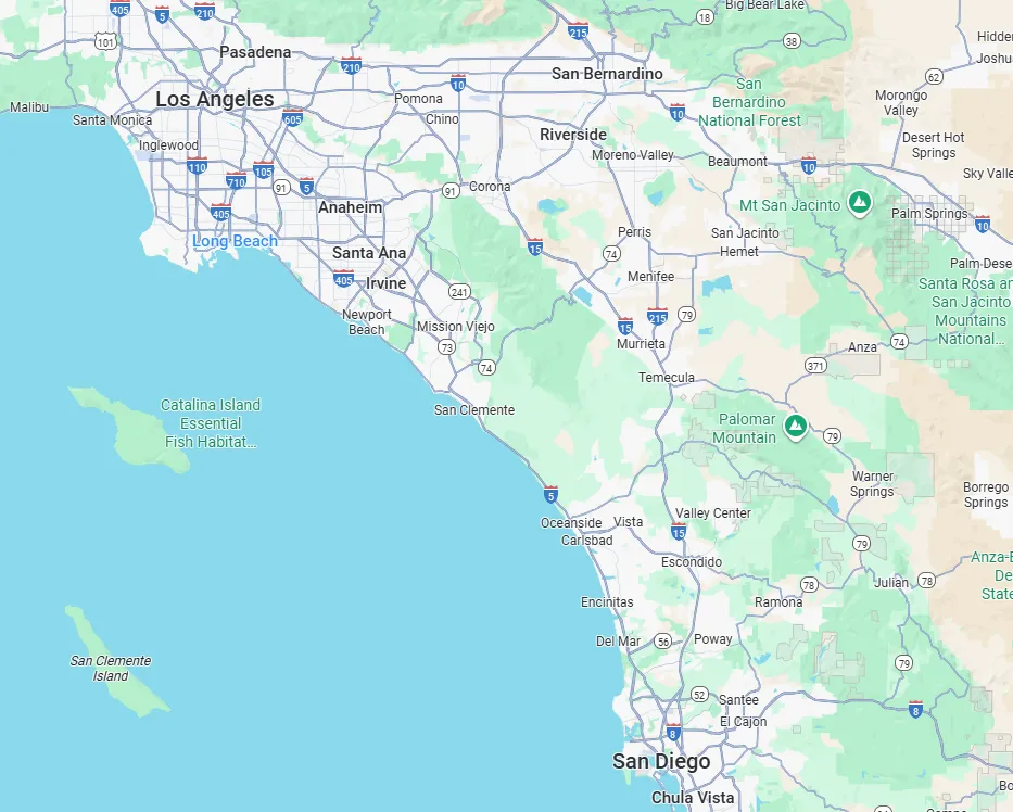 Map showing southern California’s coastal cities including Los Angeles, Long Beach, Irvine, Oceanside, San Diego, and inland areas with highways and green national forest regions.
