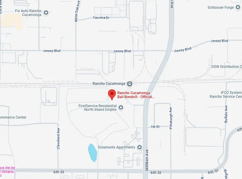 Map showing Rancho Cucamonga Bail Bonds location near Jersey Blvd, Cleveland Ave, Milliken Ave, and 6th St in Rancho Cucamonga with nearby points like Solamonte Apartments and FirstService Residential.