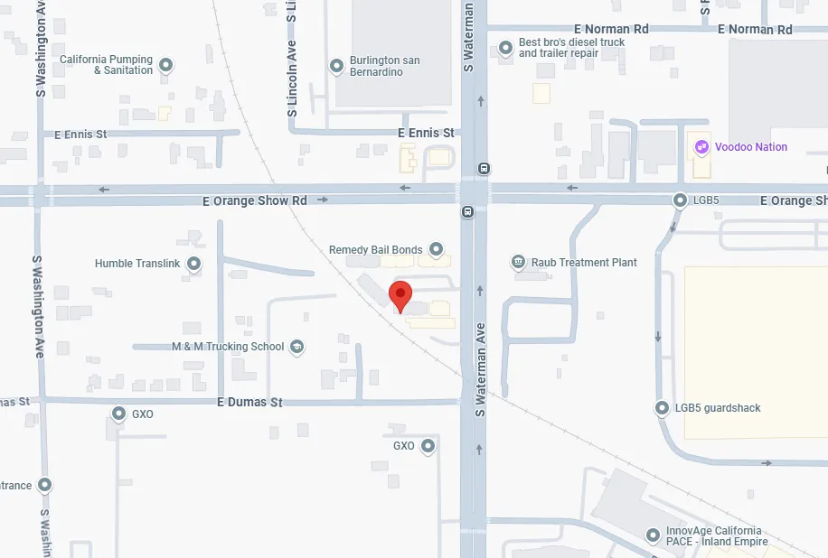 Map showing the intersection of E Orange Show Rd and S Waterman Ave in San Bernardino with nearby locations including Remedy Bail Bonds, M&M Trucking School, and Raub Treatment Plant.