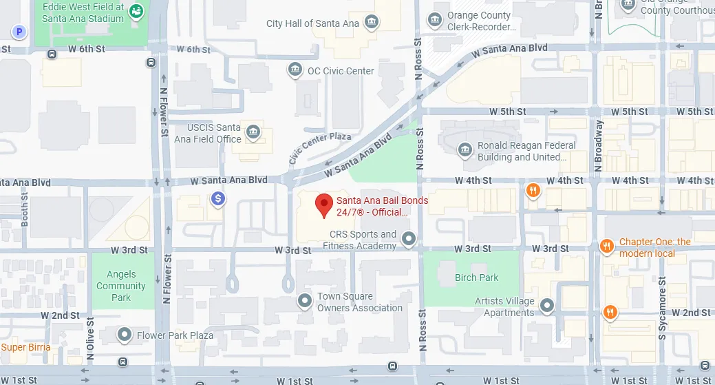 Map showing Santa Ana area with landmarks including Santa Ana Bail Bonds, City Hall, OC Civic Center, Birch Park, and various streets.