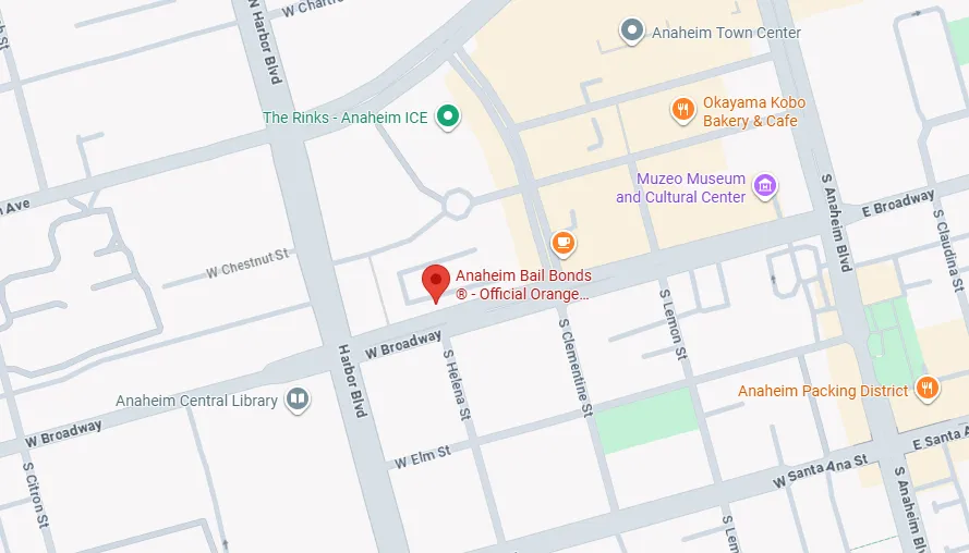Map of downtown Anaheim, showing landmarks like Anaheim Bail Bonds, Anaheim Central Library, Anaheim Town Center, Muzeo Museum, and Anaheim Packing District along streets including W Broadway and Harbor Blvd.