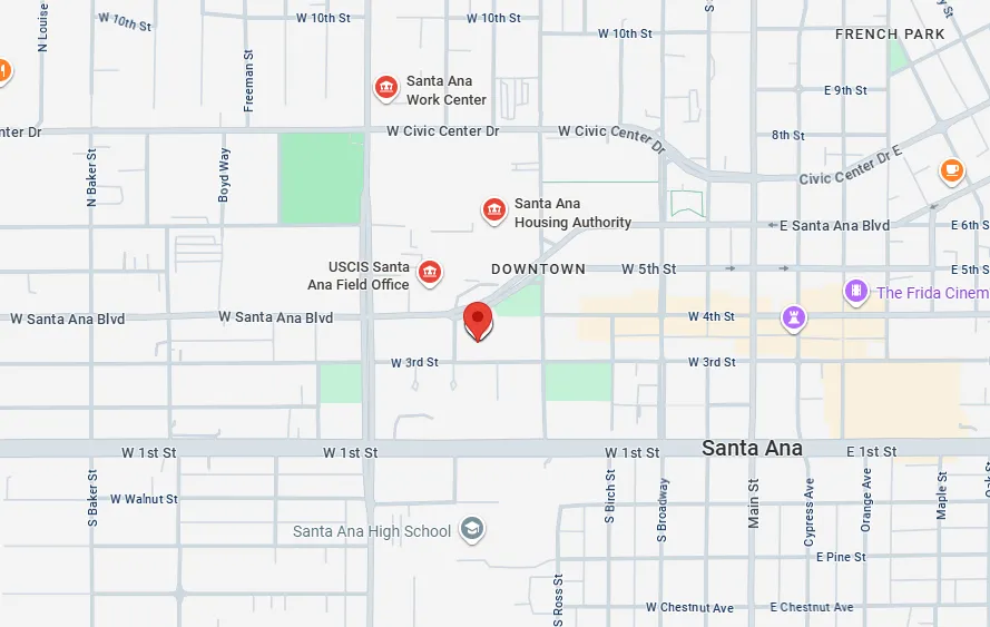 Map of downtown Santa Ana showing streets, landmarks including Santa Ana Work Center, Santa Ana Housing Authority, USCIS Santa Ana Field Office, and Santa Ana High School with a red location pin near W 4th and W 3rd Streets.