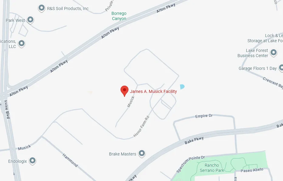 Map highlighting James A. Musick Facility near Alton Parkway and Irvine Boulevard, with nearby landmarks including Rancho Serrano Park, Brake Masters, and Lake Forest Business Center.