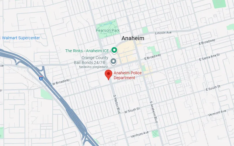 Map of Anaheim centered around the Anaheim Police Department near S Harbor Blvd and E Broadway, with nearby landmarks including Pearson Park and Walmart Supercenter.