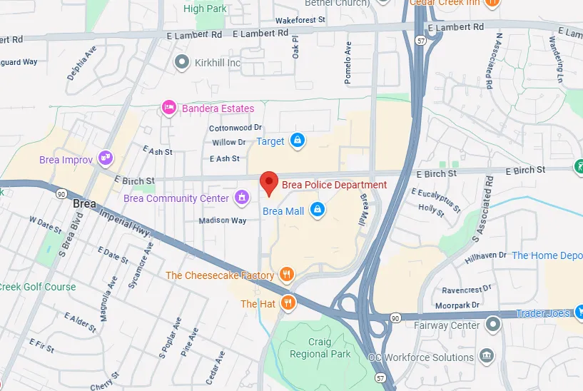 Map showing Brea Police Department located near Brea Mall, Target, and several restaurants including The Cheesecake Factory and The Hat in Brea, California.