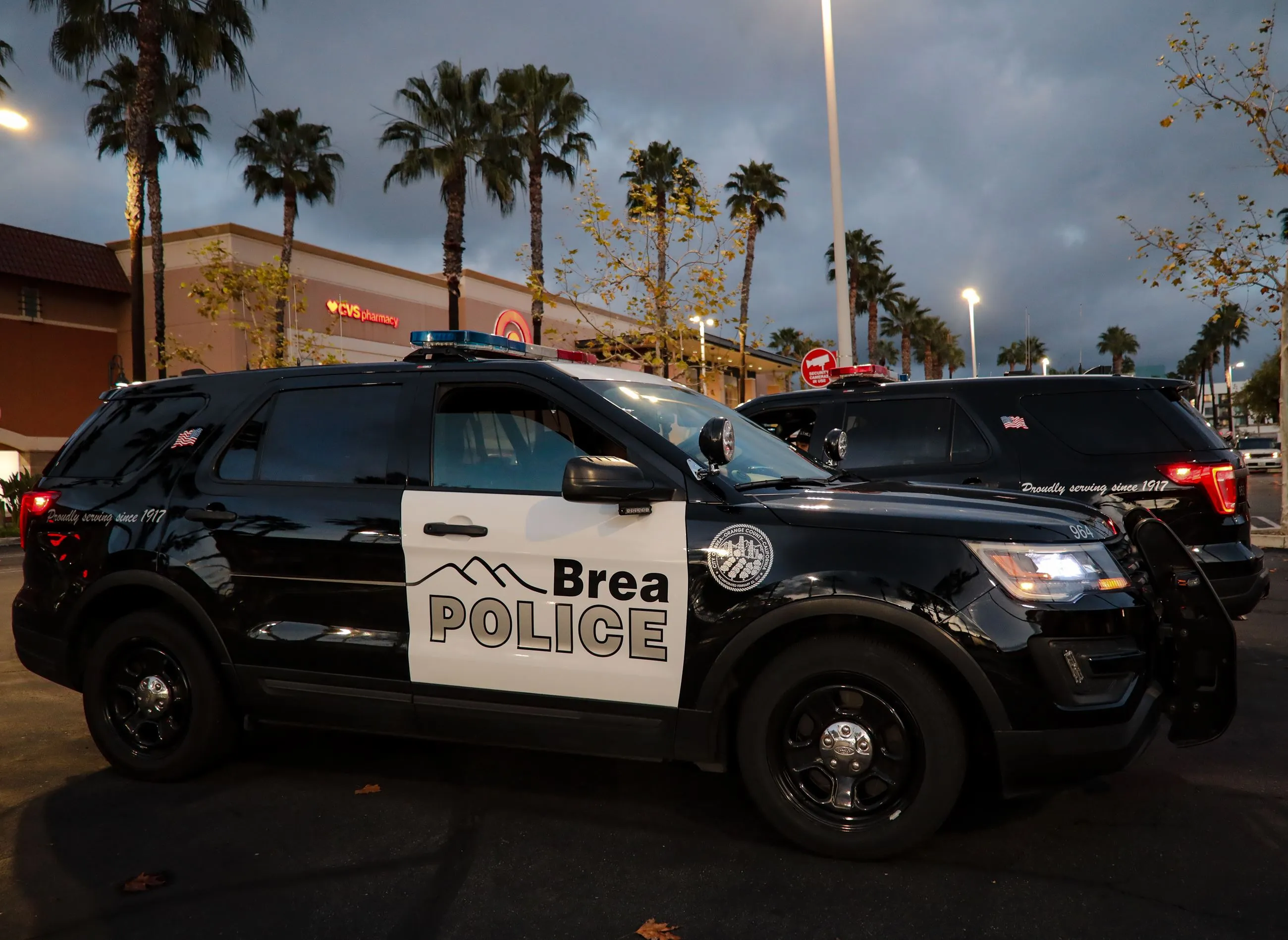 Black and white Brea Police SUVs parked near a CVS pharmacy with palm trees and evening sky in the background.