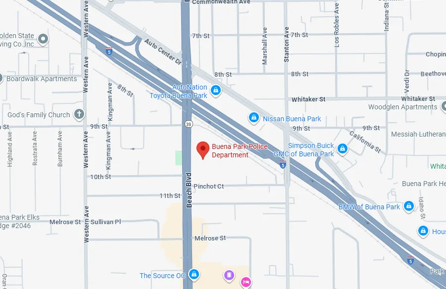 Map showing Buena Park Police Department located near Beach Blvd and 9th St, with nearby car dealerships like AutoNation Toyota, Nissan, Simpson Buick GMC, and BMW, and surrounding streets including Western Ave, Melrose St, and Pinchot Ct.