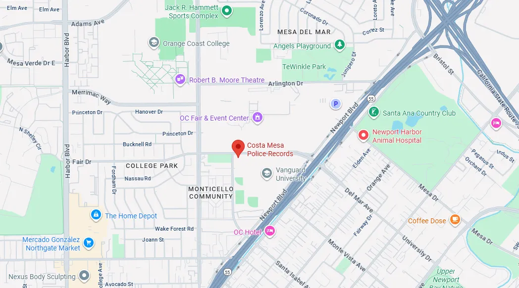 Map showing Costa Mesa area with landmarks including Costa Mesa Police-Records, Orange Coast College, OC Fair & Event Center, Santa Ana Country Club, Newport Harbor Animal Hospital, and The Home Depot.