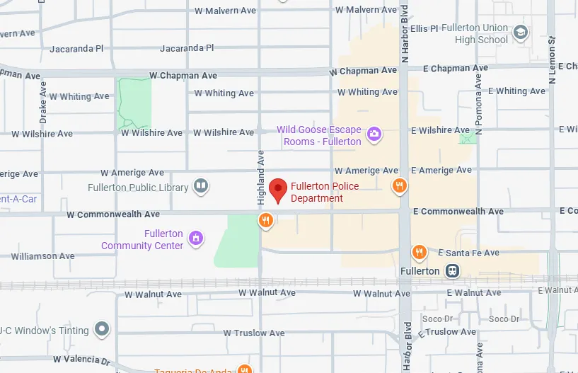 Map showing Fullerton Police Department location near Highland Ave and W Amerige Ave in Fullerton, California, with nearby landmarks Fullerton Public Library and Fullerton Community Center.