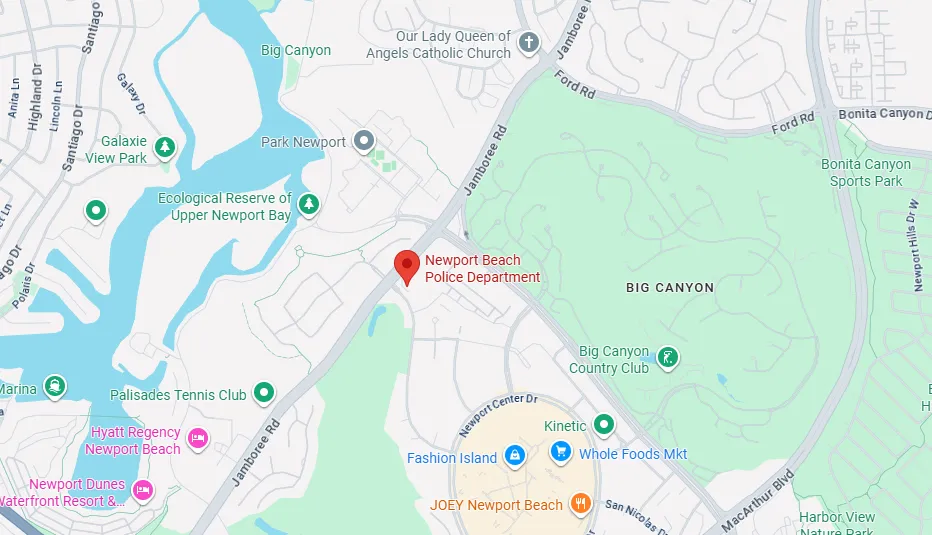 Map showing Newport Beach Police Department near Big Canyon area with nearby landmarks including Park Newport, Palisades Tennis Club, Big Canyon Country Club, Fashion Island, Whole Foods Market, and Hyatt Regency Newport Beach.