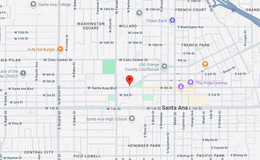 Map of downtown Santa Ana, California, showing streets, landmarks like Santa Ana College, In-N-Out Burger, Old Orange County Courthouse, The Frida Cinema, and nearby neighborhoods.