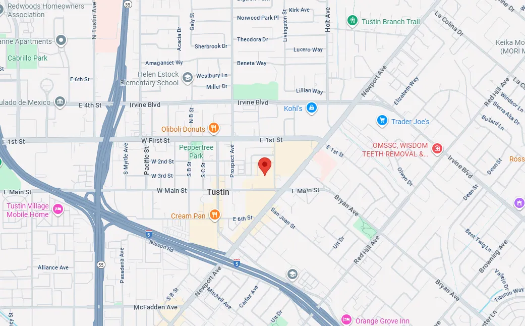 Map of Tustin, California showing main streets, local parks, schools, shopping stores, and highways with a red location marker in central Tustin.