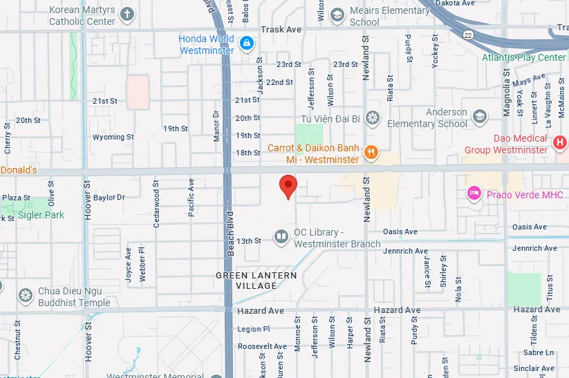 Map showing the location near Green Lantern Village in Westminster, with nearby landmarks including OC Library - Westminster Branch, Carrot & Daikon Banh Mi restaurant, Anderson Elementary School, and Honda World Westminster.
