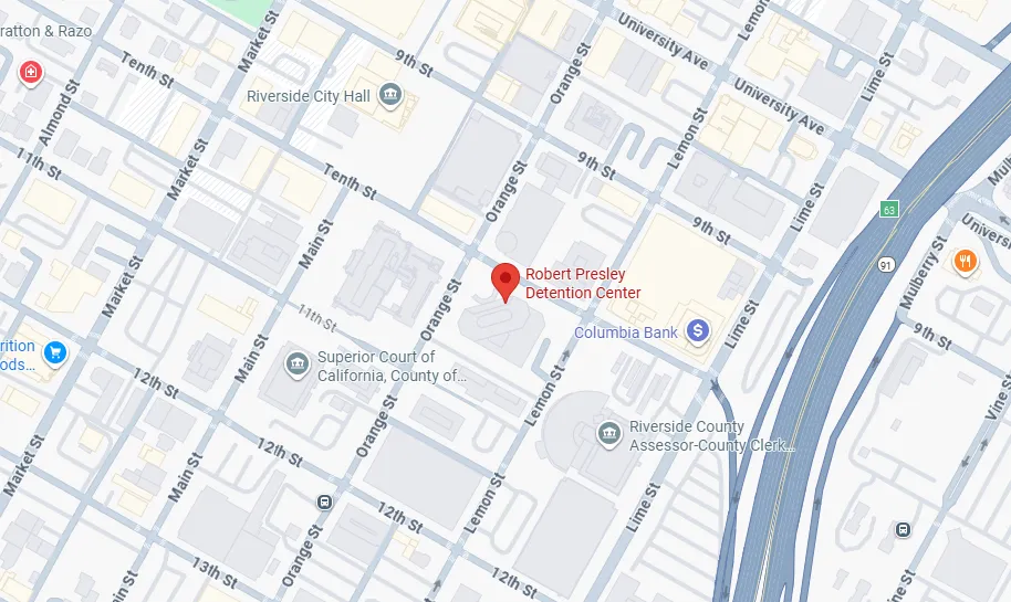 Map showing the location of Robert Presley Detention Center near the intersections of Lemon St, Orange St, and 9th St in Riverside, California, with nearby landmarks including Riverside City Hall, Superior Court of California, and Columbia Bank.