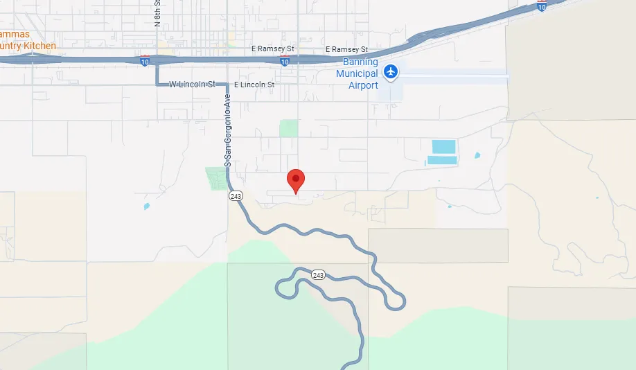 Map showing Banning Municipal Airport near highway I-10 and Curvy Route 243 south of the airport in the Banning area.