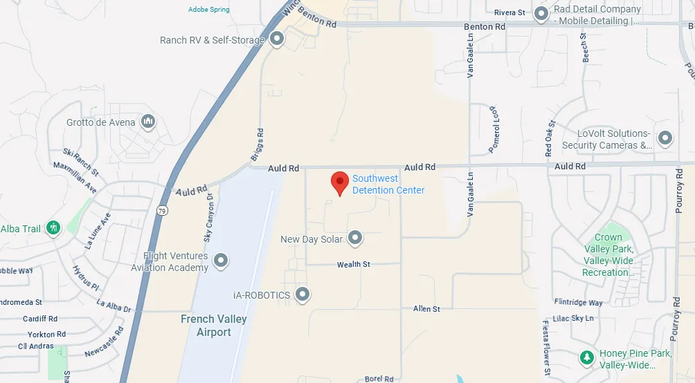 Map showing Southwest Detention Center near French Valley Airport with surrounding roads including Auld Rd, Benton Rd, and Van Gaale Ln.