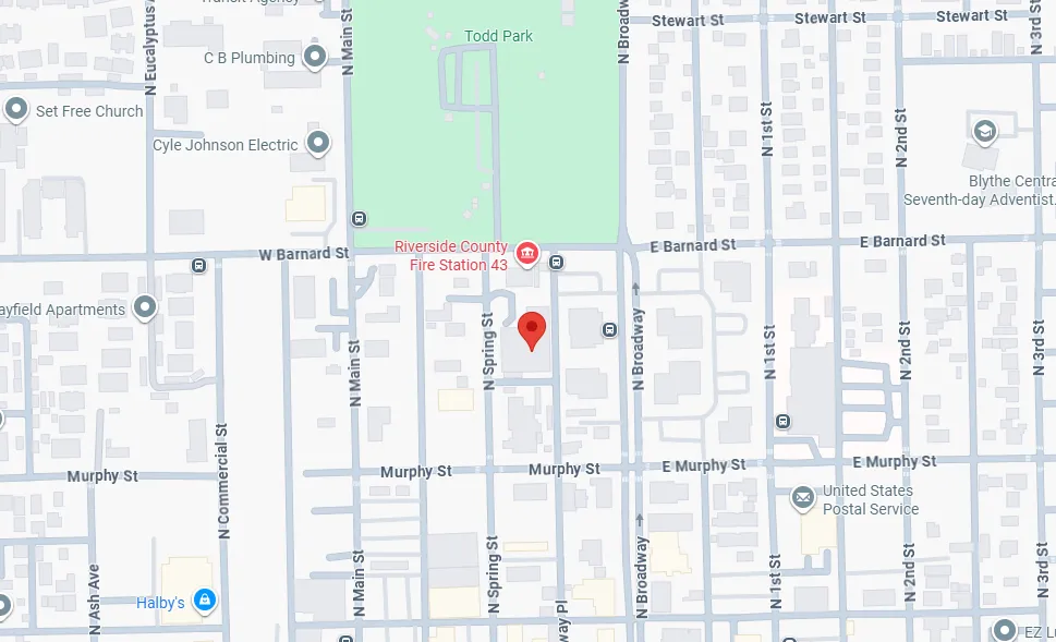 Map showing Riverside County Fire Station 43 near Todd Park in a residential area bordered by streets including W Barnard St, Murphy St, N Spring St, and N Broadway in Blythe.