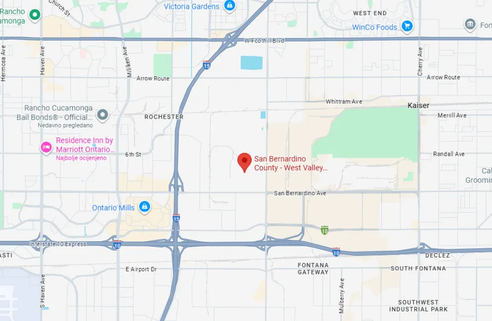 Map showing San Bernardino County - West Valley located near major highways I-15 and I-10 in California, close to Ontario Mills and residential areas.